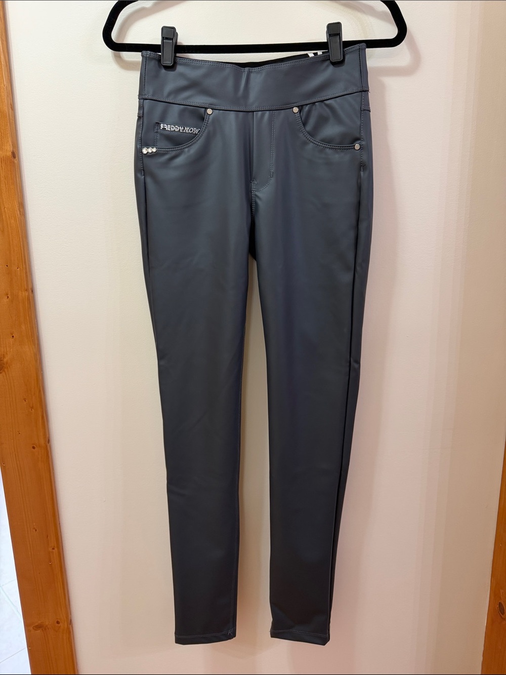 Freddy N.O.W. Faux Leather Pants. 5 Pocket Style, Rhinestones, Shapes Your Body